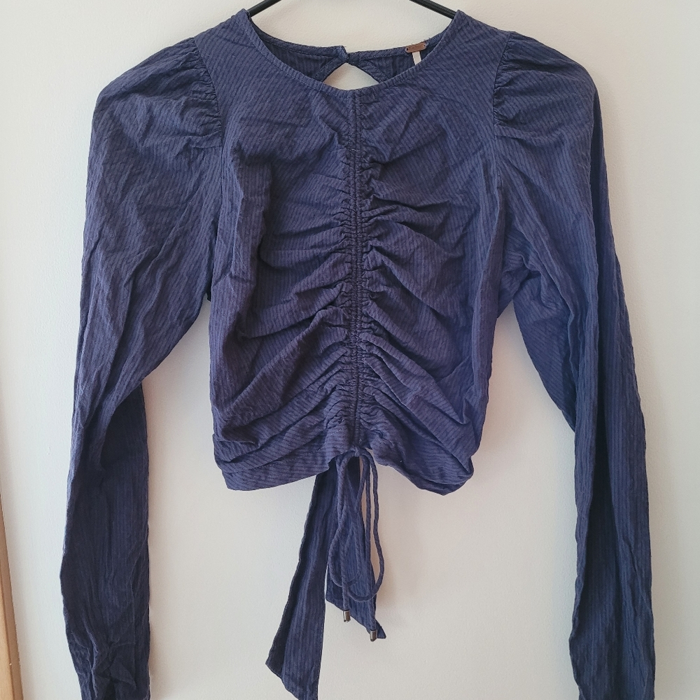Free People Tie Back Poplin Top Navy Blue XS